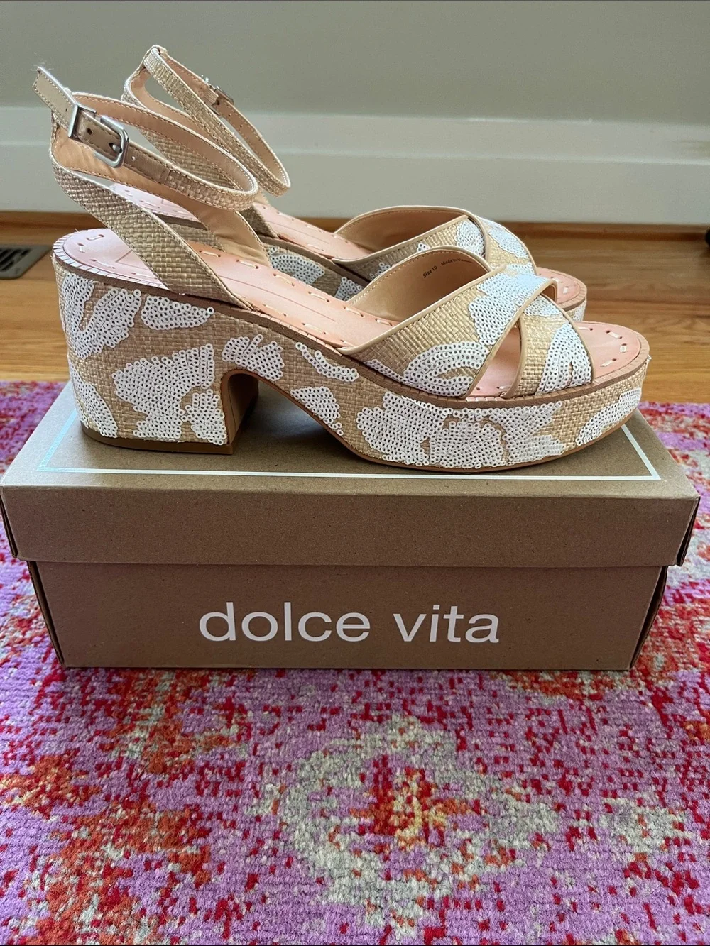 Eniko Dolce Vita Beige & White Sequin Platform Sandals with Ankle Strap